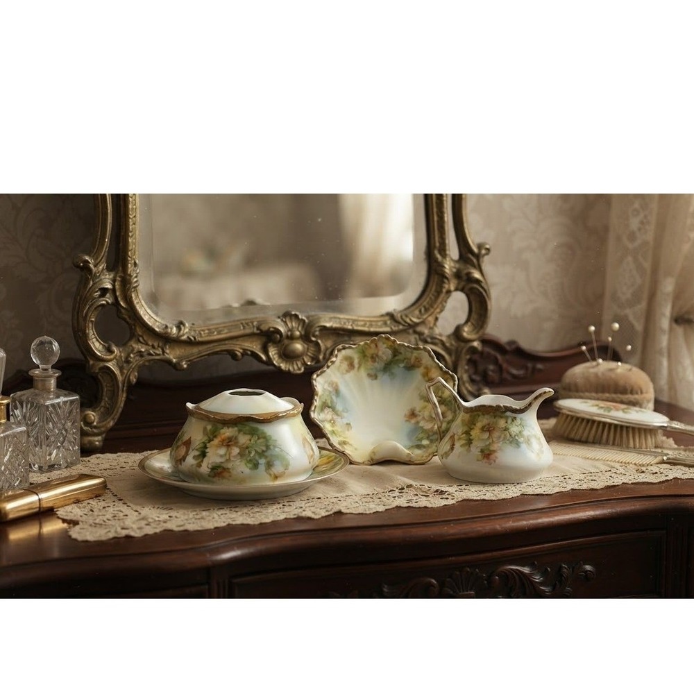 Royal Rudolstadt Prussia Hand Painted Porcelain Vanity Dresser Set Floral Gold